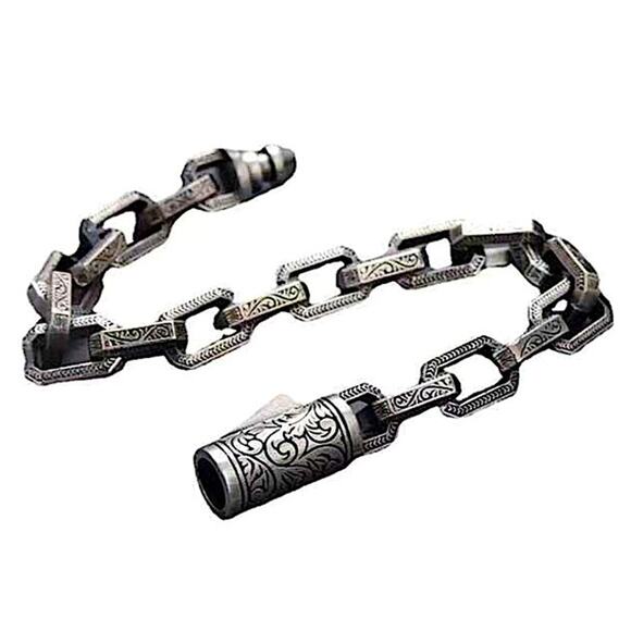Stainless Steel Chain Link Bracelet, Mantra, Curb Hand Woven Engraved - Picture 5 of 7